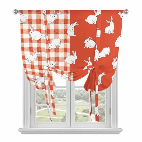 Japanese Rabbits Balloon Curtains for Bedroom/Front Door/Bathroom, Vintage Orange Red Plaid Farmhouse Tie Up Curtains 63 Inch Length Light Filtering Kitchen Curtains Shades for Windows 46"x63"