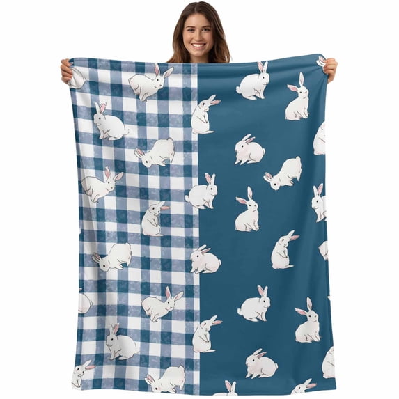 Japanese Rabbits Blanket Soft Cozy Warm Twin Blanket for Bed, Plush Fuzzy Flannel Fleece Blankets for Sofa, Vintage Navy Blue Farmhouse Checkered Throw Blankets for Couch, Gifts for Men, 60"x80"