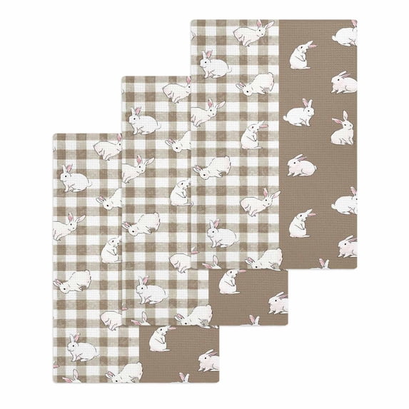 Japanese Rabbits Kitchen Dish Towels for Drying Dishes Set of 3, Vintage Bunny Brown Farmhouse Plaid Waffle Weave Microfiber Hand Tea Bathroom Towels Quick Dry & Absorbent Towel 15.7x23.6