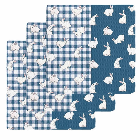 Japanese Rabbits Kitchen Dish Towels for Drying Dishes Set of 3, Vintage Navy Blue Farmhouse Checkered Waffle Weave Microfiber Hand Tea Bathroom Towels Quick Dry & Absorbent Towel 12x12