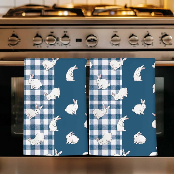 Japanese Rabbits Kitchen Towels Set of 3, Vintage Navy Blue Farmhouse Checkered Absorbent Dish Towels for Kitchen, Microfiber Hand Towel, Quick Drying Tea Towel for Cleaning Decorative Dishcloths
