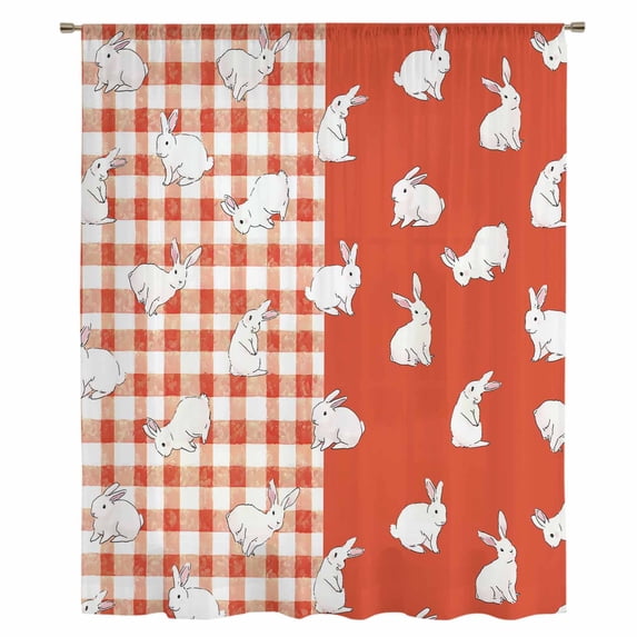 Japanese Rabbits Sheer Curtains 54 Inches Long, Vintage Orange Red Plaid Farmhouse Light Filering Curtains, Breathable Simi Curtain Privacy Drapes for Kitchen Bathroom Small Window Treatment