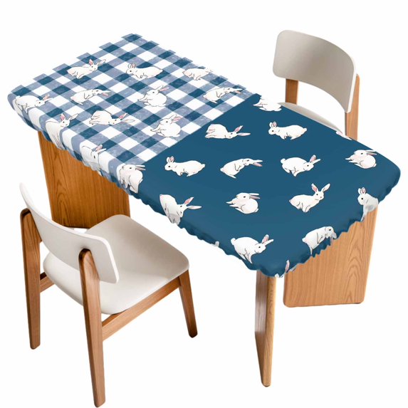 Japanese Rabbits Table Cloths for 6 Foot Rectangle Tables, Vintage Navy Blue Farmhouse Checkered Patio Waterproof Elastic Fitted Tablecloths, Washable Rectangular Table Cover for Camping