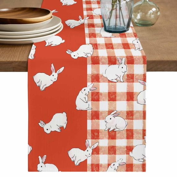 Japanese Rabbits Table Runner, Vintage Orange Red Plaid Farmhouse Washable Cotton Linen Table Runners 90 Inches Long, Dresser Scarf Runner for Dining/Coffee/Kitchen/Hallway Tables 13''x90''