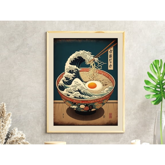 Japanese Ramen Bowl Wall Art Great Wave Off Kanagawa Poster Ukiyo, E Ramen Noodles Wave Katsushika Hokusai Kitchen Wall Art25, Stretched Canvas Size 16x24