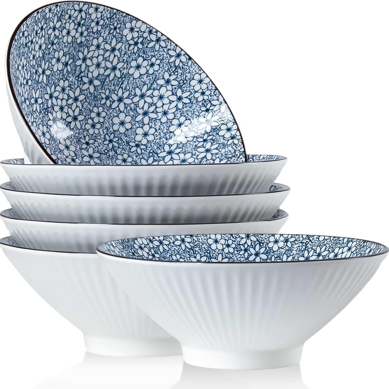 Japanese Ramen Bowls Set of 6 38 oz Blue and White Ceramic Soup Bowls