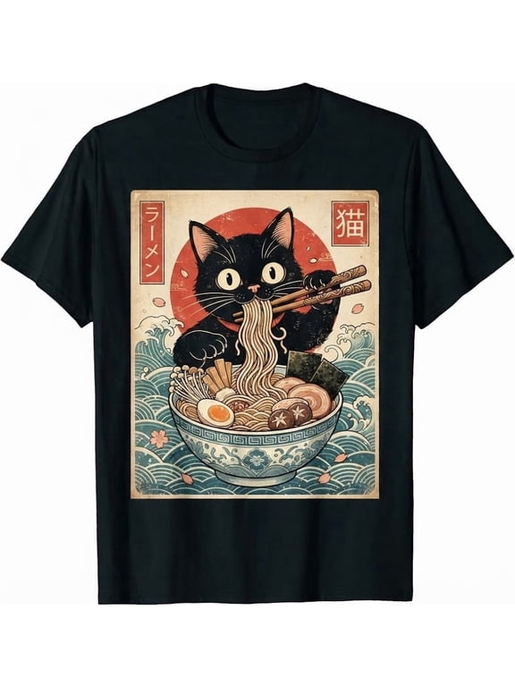 Japanese Ramen Cat T-Shirt, Cute Anime Kitten Eating Noodles Graphic Tee