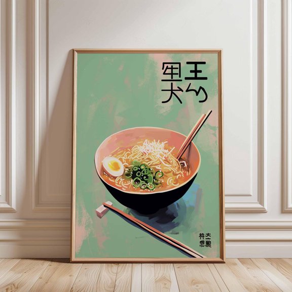 Japanese Ramen Green Background Kitchen Illustration Poster, Striking Kitchen And Dining Theme For Cafe, Kitchen And Dining Room Decor