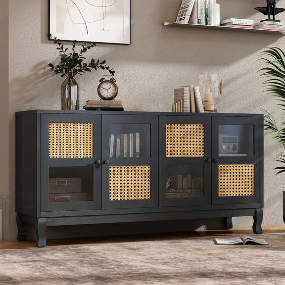 Japanese Rattan and Glass - Adjustable Shelves for Flexible Storage - Living Room - Match Interior Decoration