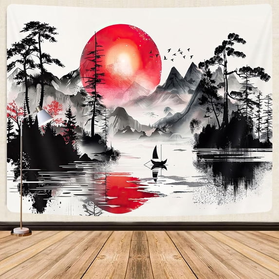 Japanese Red and Black Forest Tapestry, Anime Mountain Tree Sun Aesthetic Tapestry Wall Hanging for Men, Cool Asian Dark Nature Landscape Tapestries Ink Art Decor for Living Room College Dorm 40X30IN