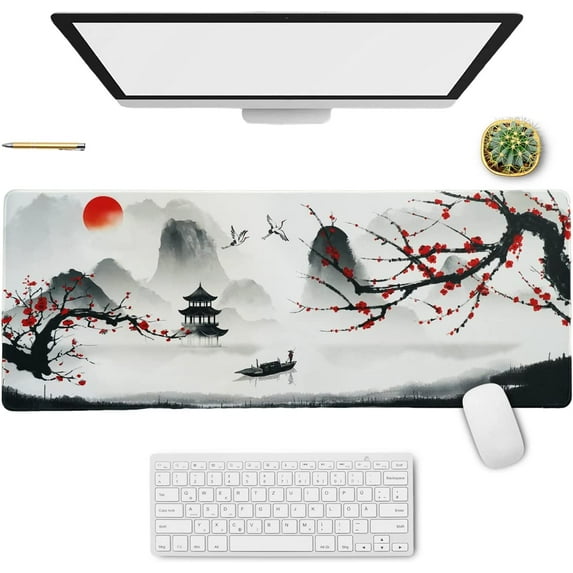 Japanese Red Cherry Blossom Sakura Mouse Pad White XL, Extended Large Mouse Pad, Sakura Mousepad, Floral Long Big Desk Mouse Mat, Cherry Blossom Decor Stuff Accessories, 31.5 X 11.8 Inch