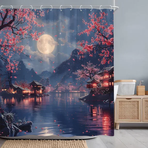 Japanese Red Cherry Blossom Seascape Shower Curtain Chinese Landscape Ink Painting Printed Fabric Shower Curtains Bathroom r