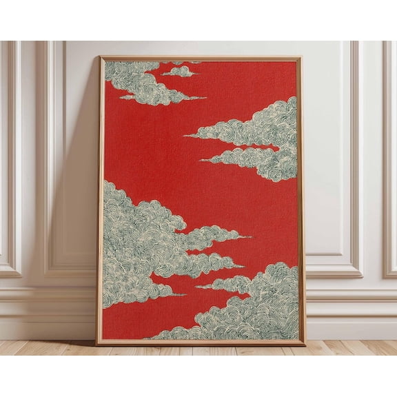 Japanese Red Cloud Zen Swirl Clouds Wall Art Print, Unframed Paper Poster 24x36in
