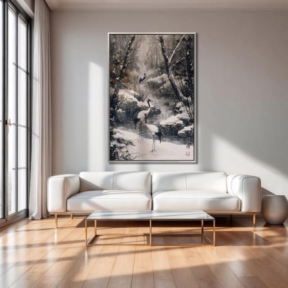 Japanese Red Cranes Poster Wall Art Serene Winter Forest Asian Birds Decor Snowy Landscape Poster Idea Ready To Hang UNFRAMED Poster, Wall Art for Decor, Present, 8x12