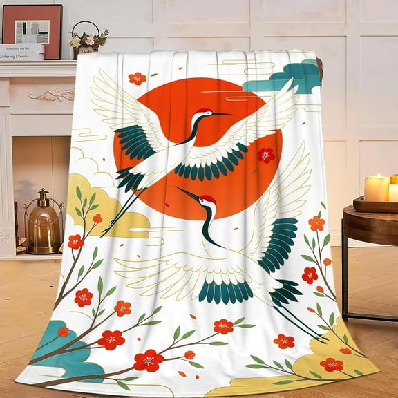 Japanese Red Crowned Crane and Rising Sun Floral Throw Blanket Soft Plush for Home