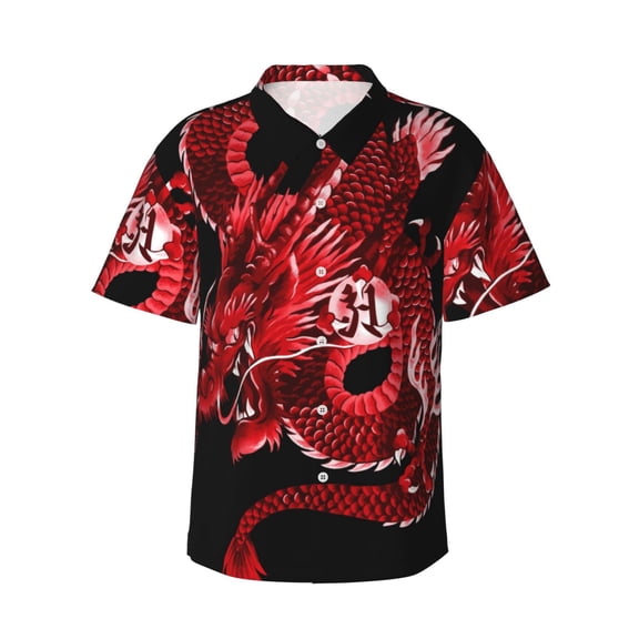 Japanese Red Dragon Men's 3d Print Casual Button Down Shirts, Novelty Hawaiian Short Sleeves Xl