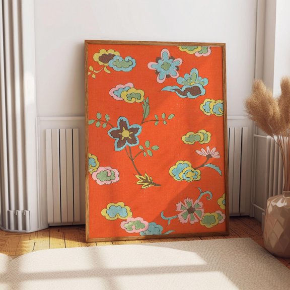 Japanese Red Floral Decorative Museum Pattern Wall Decor Unframed Paper Print