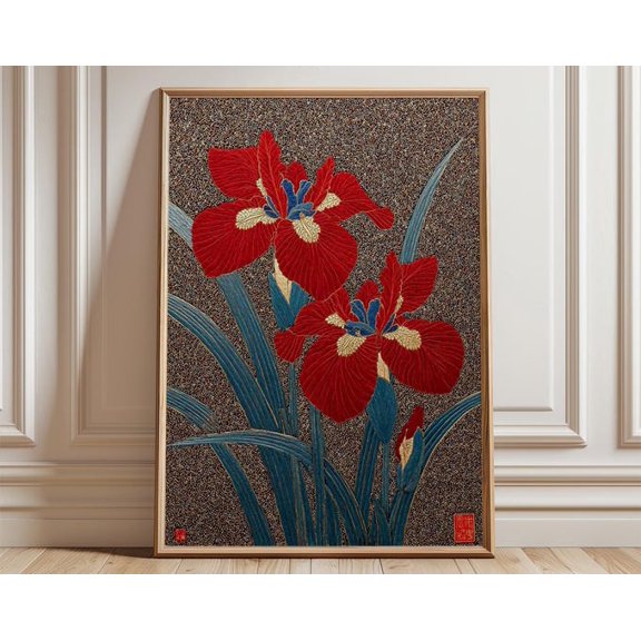 Japanese Red Iris Botanical Wall Art Print, Unframed Paper Poster 8x10in