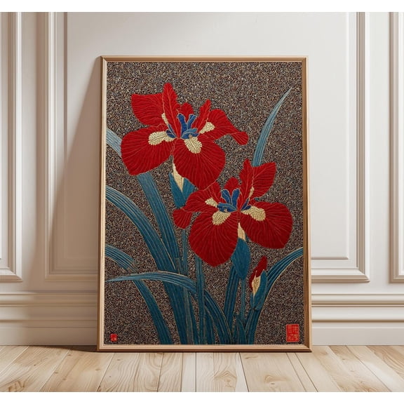 Japanese Red Iris Poster Vintage Floral Art Elegant Botanical Decor, Unframed Poster