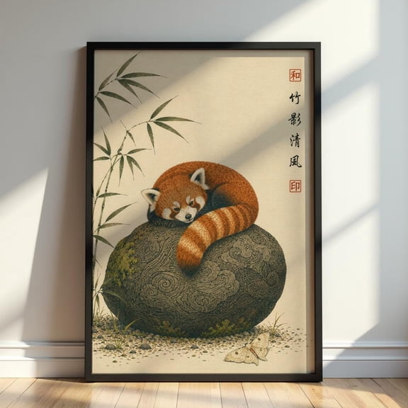 Japanese Red Panda Wall Art, Zen Animal Print, Vintage Asian Nature Poster with Bamboo, Poster Only