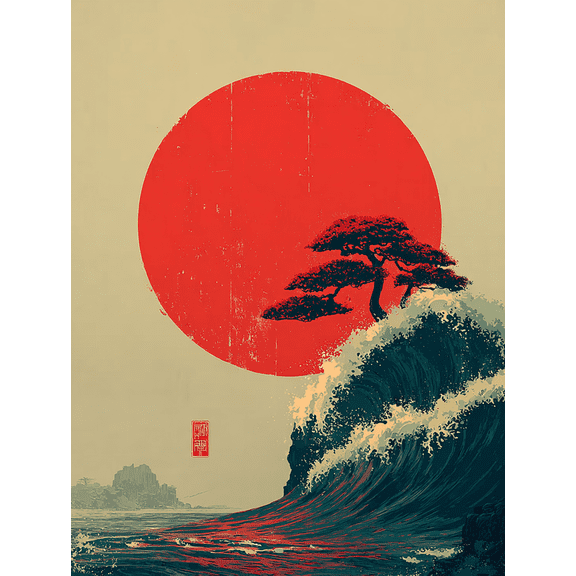 Japanese Red Sun Black Wave Canvas Art, Zen Ink Brush Ocean Print, Abstract Oriental Wall Decor