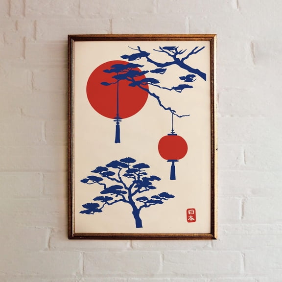 Japanese Red Sun Lanterns Artwork Minimalist Asian Ink Wall Art, Unframed Canvas 8x10in