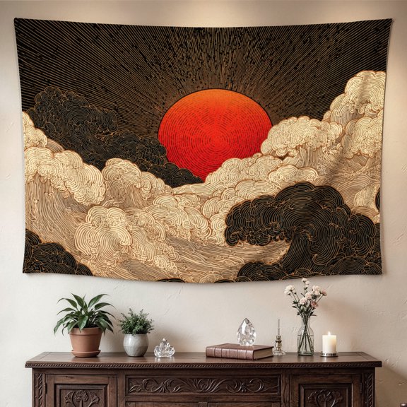 Japanese Red Sun Ocean Waves Art Wall tapestry，Large size Printed Horizontal Tapestry blanket，Polyester Fabric Wall Hanging for bedroom，living room，Gift for Family and Friends