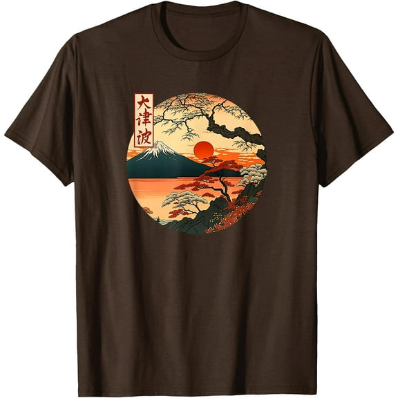 Japanese Red Sunset and mountain Asian Fuji Kanji Japan art Unisex T-Shirt for Men Women Kids Toddler,Dark Chocolate Color,Size 2XL