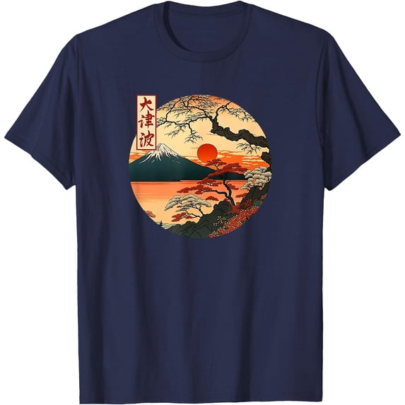 Japanese Red Sunset and mountain Asian Fuji Kanji Japan art Unisex T-Shirt for Men Women Kids Toddler,Navy Color,Size 5/6