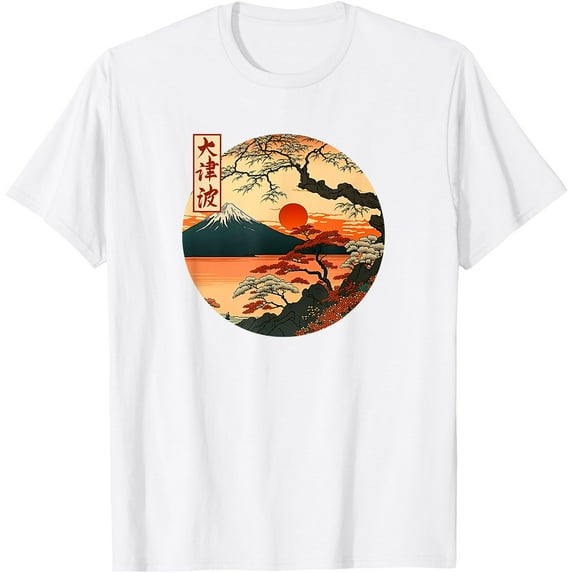 Japanese Red Sunset and mountain Asian Fuji Kanji Japan art Unisex T-Shirt for Men Women Kids Toddler,White Color,Size 3T