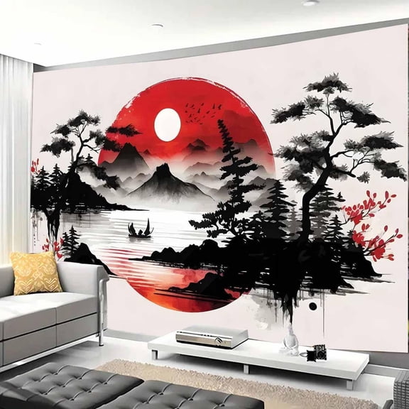Japanese Red and Black Forest Wall Tapestry Anime Mountain Tree Sun Aesthetic Dark Nature Landscape Ink Art Decor for Living Room or College Dorm