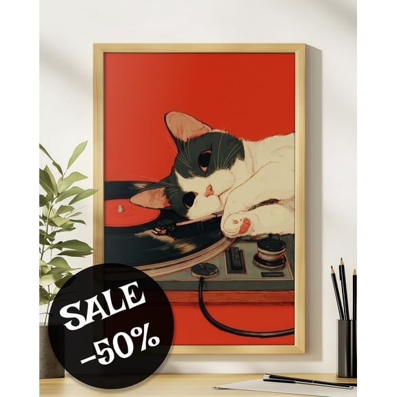 Japanese Retro Cat Poster, Vintage Vinyl Record Wall Art, Unframed Paper Poster 24x36in