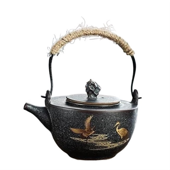 Japanese Retro Stoneware Ceramic Kung Fu Tea Set Teapot With Stainless Steel Screen Filter Silver Spot Loop-Handled Teapot