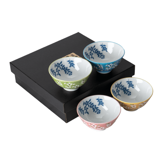 Japanese Rice Bowl Set 4 Piece Haruzakura Spring Cherry Blossoms Design 4.5 Inch D Soup Bowls Minoware Porcelain Made In Japan