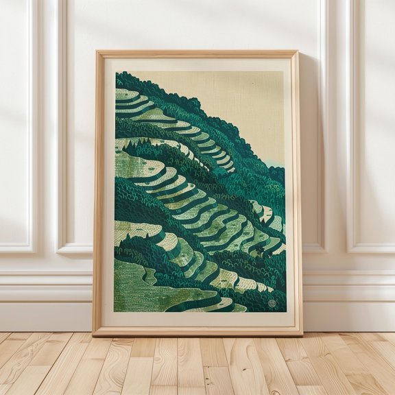 Japanese Rice Terrace Green Mountain Landscape Woodblock Style Nature Japandi Zen Asian Poster Unframed Paper Print