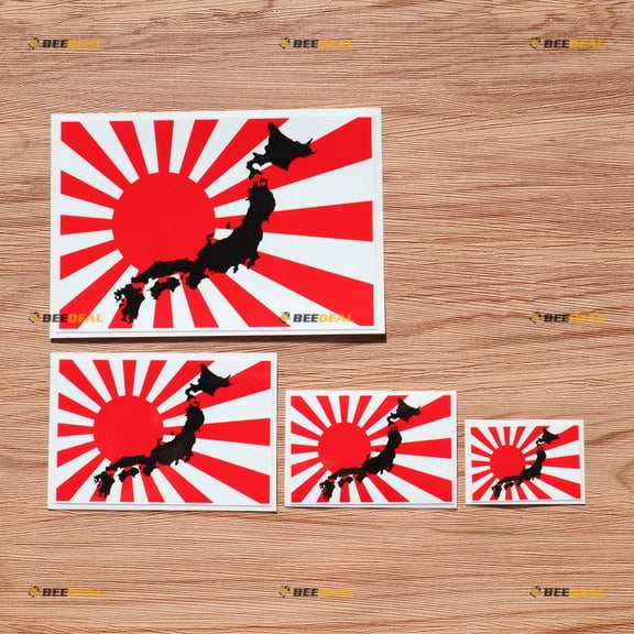 Japanese Rising Sun Flag Black Map JDM Decal Sticker - 4 Pack Glossy, 2 Inches, 3 Inches, 4 Inches, 6 Inches