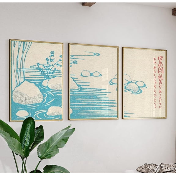 Japanese River Landscape Blue Minimalist Water Zen Botanical Art Set 3