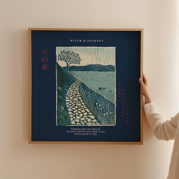 Japanese River Landscape Linocut Water Wall Decoration, Unframed Paper Poster 8x10in