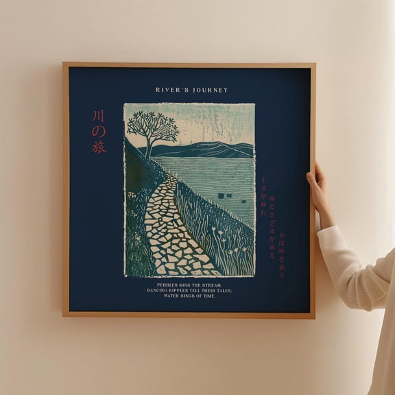 Japanese River Landscape Linocut Water Wall Decoration, Unframed Poster