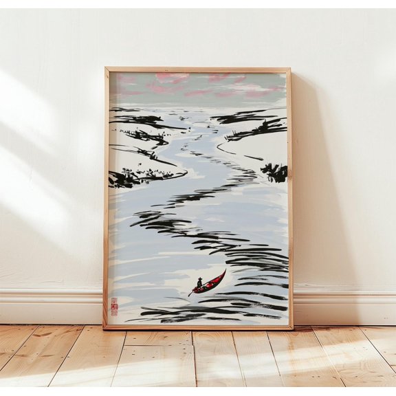 Japanese River Poster Minimalist Ink Landscape Zen Wall Art 1