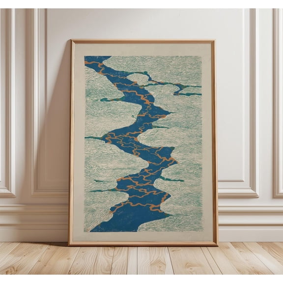 Japanese River Wall Art Blue Green Minimal Abstract Landscape Decor, Unframed Poster