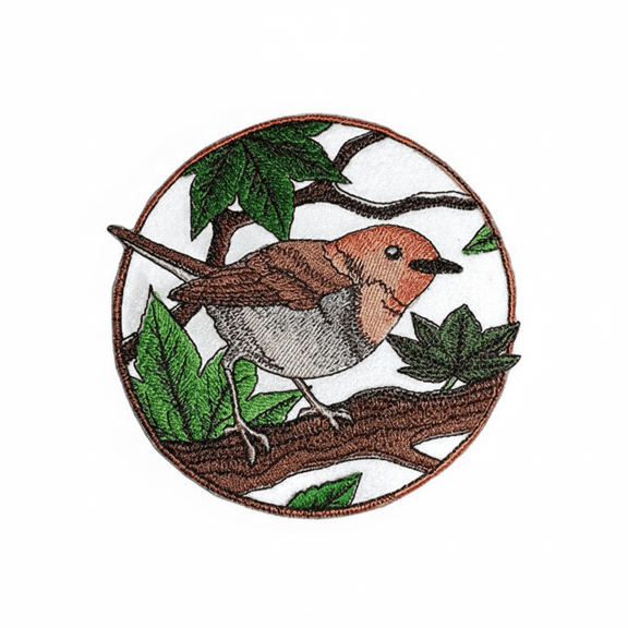 Japanese Robin Circle Embroidered Patch (5" x 5")  Elegant Woodland Bird Iron-On or Sew-On Design, USA Made