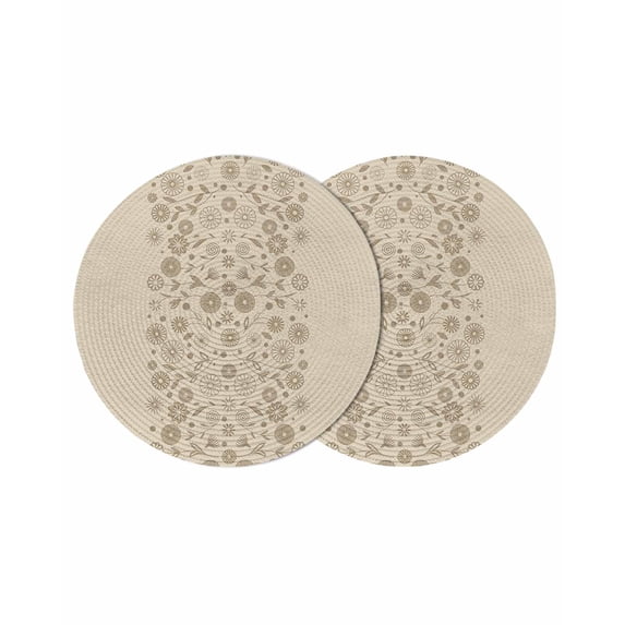 Japanese Round 13 Inch Placemats Set of 2, Beige Farmhouse Retro Floral Leaf Pattern HeatResistant Non Slip Place Mats for Dining Table, Wipeable Braided Kitchen Table Mats for Housewarming
