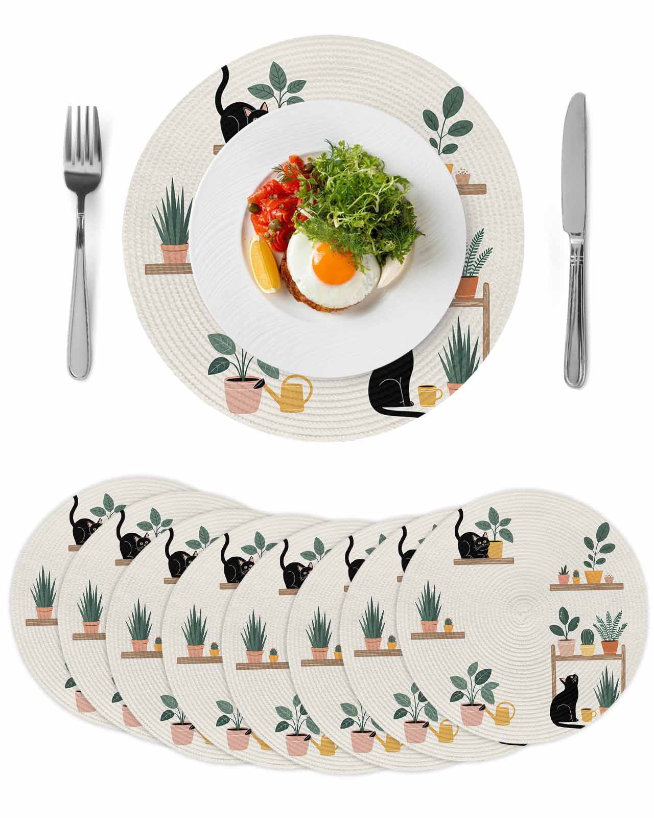 Japanese Round 13 Inch Placemats Set of 8, Farmhouse Cartoon Cats Green ...