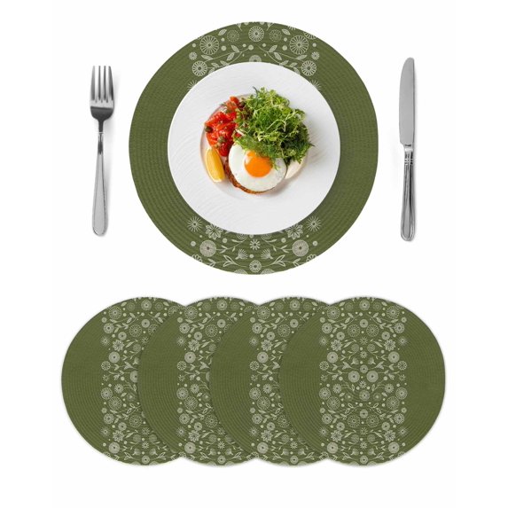 Japanese Round 15 Inch Placemats Set of 4, Green Rustic Retro Pastoral Floral Leaves HeatResistant Non Slip Place Mats for Dining Table, Wipeable Braided Kitchen Table Mats for Housewarming