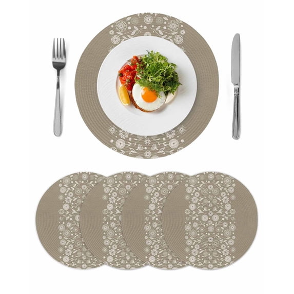 Japanese Round 15 Inch Placemats Set of 4, Grey Simple Traditional Flowers Leaves Pattern HeatResistant Non Slip Place Mats for Dining Table, Wipeable Braided Kitchen Table Mats for Housewarming