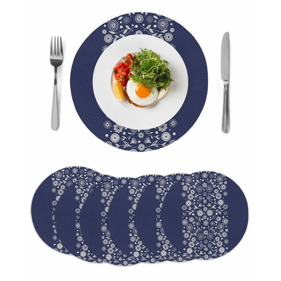 Japanese Round 15 Inch Placemats Set of 6, Navy Blue Country Flowers Leaves Aesthetic HeatResistant Non Slip Place Mats for Dining Table, Wipeable Braided Kitchen Table Mats for Housewarming