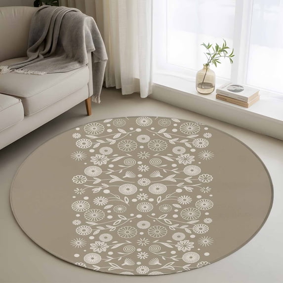 Japanese Round Area Rug 3Ft Washable Small Circle Rugs for Kitchen Entryway, Grey Simple Traditional Flowers Leaves Pattern Non-Slip Carpet Floor Mats Indoor Outdoor Carpet Runner Home Decor
