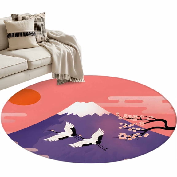 Japanese Round Area Rugs Collection 3', Nature Mountain Sun Blossoms Cherry Scenery Non Slip Indoor Circular Throw Runner Rug Floor Mat Carpet for Living Room Dining Table Bedroom Nursery