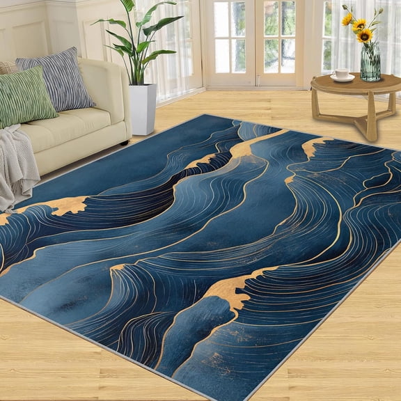 Japanese Rugs for Living Room, Japanese Waves Area Rug Home Decor, Navy Blue Bedroom Rug, Non Slip Indoor Carpet Gifts-5' x 8'